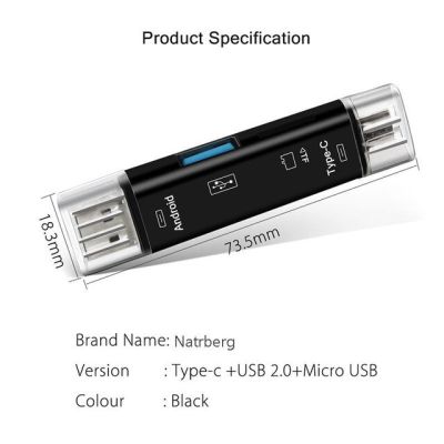 Natrberg เครื่องอ่านก้าน USB Type C Micro SD USB USB อะแดปเตอร์การ์ด OTG 3 In 1 USB-C อุปกรณ์เก็บข้อมูล TF สำหรับโทรศัพท์มือถือระบบแอนดรอยด์อ่าน TF Mac