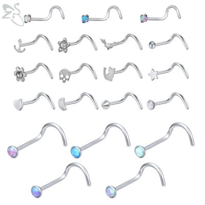 ZS 1 Piece Moon Heart Skull Shape Stainless Steel Nose Stud Blue Opal Nose Piercings Unisex Nostril Screw Piercing Jewelry 20g