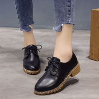 （✌PING）Spring Retro British Lace Up Round Head Small Leather Boots Flat Boots Shoes Medium Heel Student Single Shoes Thick Heel Shoes Large Womens Shoes