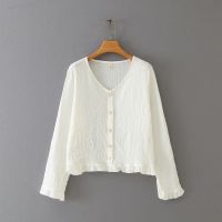 【มีไซส์ใหญ่】Plus Size Solid V-neck Blouse Long Sleeved Short Tops Elegant Officewear Blusas