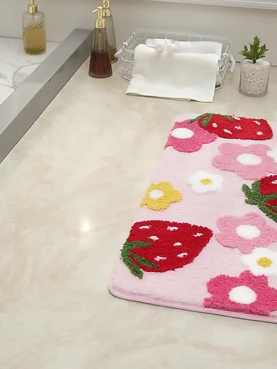 Inyahome Memory Foam Pink Cute Bath Mat for Kids Bathroom Non Slip