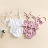 Newborn Infant Baby Girls Romper Headband Cute Ruffles Sleeveless Jumpsuit Lace Flower Print Summer Baby Girl Clothes