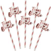 12Pcs Rose Gold Paper Straws with Team Bride Flags for Hen Party Straws Bridal Shower Bachelorette Wedding Party Tableware