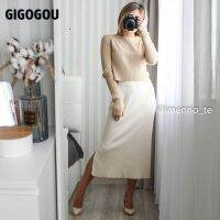 GIGOGOU Elastic Band Women Knitted Skirts Autumn Winter Thick Warm Pencil Bodycon Skirt Ribbed Midi Sweater Skirt Split Up