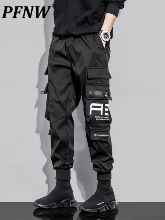 pfnw-man-cargo-pants-slim-pencil-mid-elastic-waist-man-high-street-streetwear-autumn-thin-functional-wind-mens-trousers