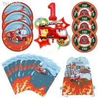∈ Fireman Theme Birthday Party Tableware Paper Cup Plate Balloons Fire Truck Boys Birthday Party Supplies Baby Shower Party Decora