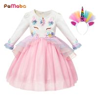 ▲❀☈ PaMaBa Unicorn Costume for Baby Girls Full Sleeve Floral Appliques Pony Cartoon Tutu Dress Birthday Fancy Party Frock Gown