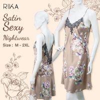 RIKA ชุดนอนสายเดี่ยว เซ็กซี่ Sexy FV3042  ผ้า SATIN ลายกุหลาบแสนหวาน แต่งลูกไม้เซาะลาย สวยหรู โชว์หลัง ชุดนอนไม่ได้นอน M - XXL