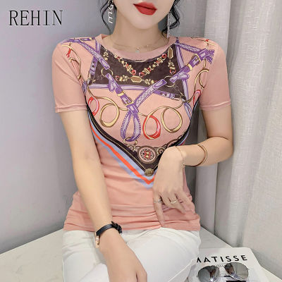 REHIN เสื้อยืดแขนสั้นพิมพ์ลายสำหรับผู้หญิง,เสื้อเบลาส์คอกลมทรงสลิมฟิตแฟชั่นตาข่ายสีชมพูลายไม่เหมือนใคร S-3XL