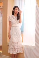 SP325 : Cream Cord Lace Bow Dress เดรสลูกไม้ยาวแต่งโบว์เพชร