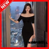 NEW MALL Dress Women New Korean Version Square Neck Long Sleeve Slit y Mid-Length Hip Skirt