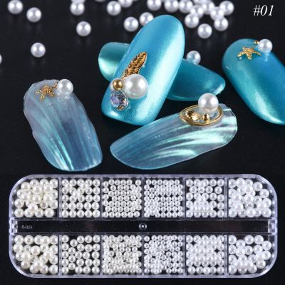 HAMA NAIL 1 Case Mix Size White Pearls For 3D Decoration Mermaid Nail Beads Studs Rhinestones Nail Art Charms Jewelry Accessories
