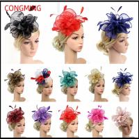 CONGMING อุปกรณ์ตกแต่งผม หมวกยอดนิยม fascinators งานแต่งงาน ที่คาดผมตาข่ายดอกไม้ หมวก fascinator ที่คาดผมดอกไม้ขนนก งานเลี้ยงน้ำชาค็อกเทล หมวกกันน็อก