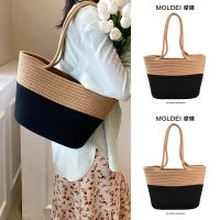 Summer high-end retro woven bag womens 2023 new splicing portable straw woven bag seaside vacation beach bag 【QYUE】