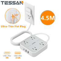 สายต่อ 4.5M ปลั๊กรางปลั๊กไฟ 4 ช่อง, สายต่อ TESSAN 15FT Ultra Slim พร้อมชาร์จไฟ USB Wall 3 ช่อง (พอร์ต USB C 1 พอร์ต) สวิตช์สถานีชาร์จไฟบางเฉียบสำหรับโฮมออฟฟิศ