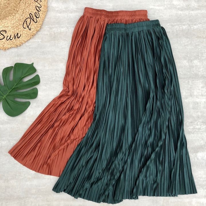 ขายดีที่สุด-ioztt2023-sping-summer-women-midi-skirts-pleated-metallic-color-shinny-long-skirts-casual-daily-skirt-for-women