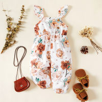 PatPat Baby Girl Solid BrownWhite Floral Print Flutter-sleeve Jumpsuit Overalls