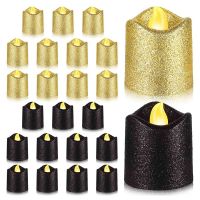 {6shop Department Store} 24 Packs Gold Flameless Votive Candles Black Glitter LED Tealights ถ่านไฟฉายชา Warm Yellow Light Holder