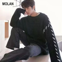 MOLAN เสื้อสเวตเตอร์คอกลมสำหรับเสื้อสวมศีรษะมีพู่ห้อยนักศึกษาชายเสื้อสเวตเตอร์คอกลมทรงหลวมใหม่สำหรับฤดูใบไม้ร่วง