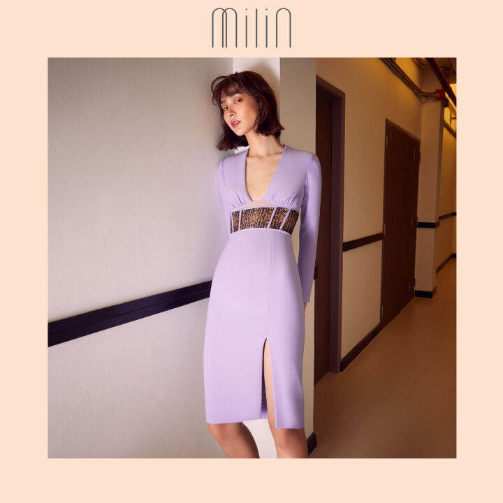 milin-ruched-under-bust-detail-long-sleeve-v-neck-midi-dress-เดรสมิดิแขนยาวคอวีดีเทลแต่งรูดใต้อก-ambrosia-dress