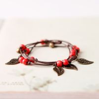 New Jingdezhen Original Art Forest Ethnic Wind Bell Leaf Retro Woven Multilayer Ceramic Bracelet Female Egirl Jewelry Bracelets Charms and Charm Brace