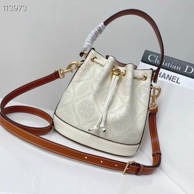 2023 new Tory Burch T Monogram Medium top layer cowhide perforated leather bucket bag