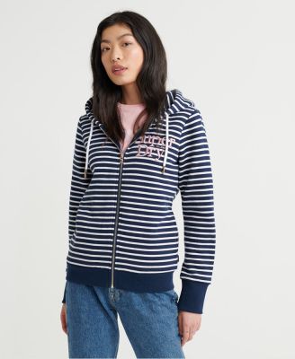 SUPERDRY APPLIQUE SERIF ZIPHOOD UB - ฮู้ดดี้ เสื้อฮู้ดแบบมีซิป สำหรับผู้หญิง สี Navy Stripe