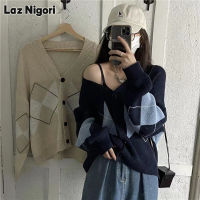 Laz Nigori เสื้อสเวตเตอร์ถักคอวียาวปานกลาง,เสื้อสเวตเตอร์ถักทรงหลวมเสื้อสเวตเตอร์ถักสตรีกิ๊ฟติดผมเสื้อแจ็คเก็ตนักเรียน