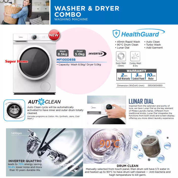 Midea Washer Dryer MF100D85B Combo 2 in 1 Washer (8.5kg) & Dryer (5kg