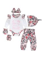 5PCS Preemie Baby Girl Pants Suit Set The Princess Has Arrived Long Sleeve Ruffle Romper And Floral Bow Pants Hat Gloves  by Hs2023