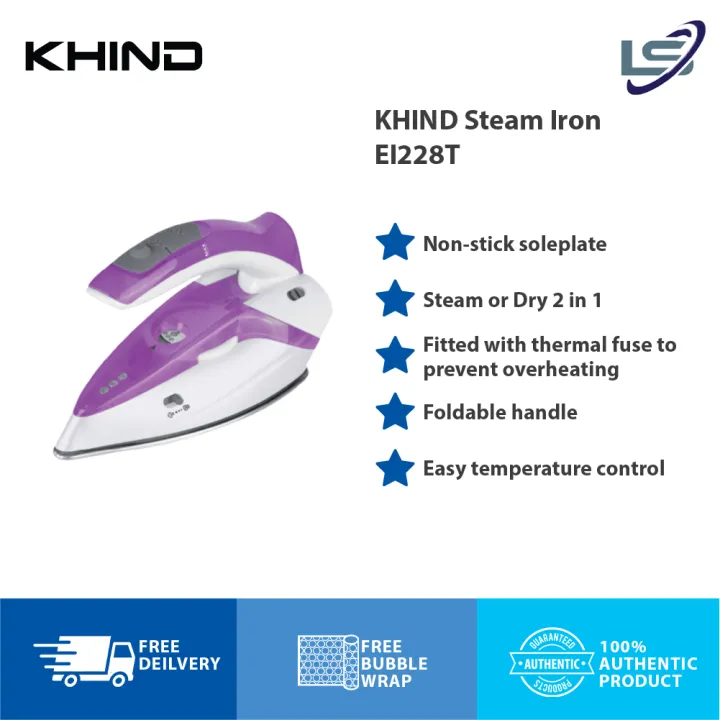 KHIND 1100W Steam Iron EI228T Nonstick Soleplate Foldable Handle