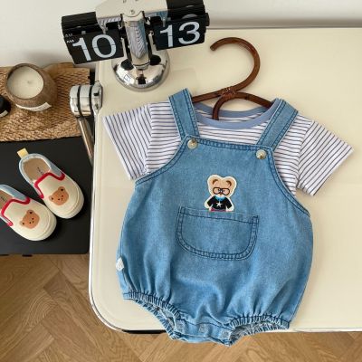▣ Mookidoo-Conjunto de roupas bebê para bodysuits criança camiseta listrada e jeans meninos meninas macacão o verão 2 PCs 2023