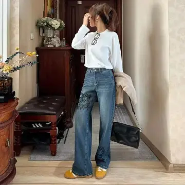 Hello Kitty Y2K Wide Leg Jeans Embroidered Workwear Wide Leg Pants