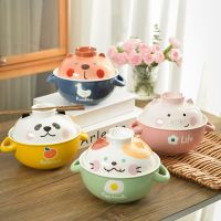 2023 New Ceramic Handle Bowl Fruit Salad Bowl Instant Noodles Bowl Microwave Oven Household Cute Cartoon Anti Scald Creative