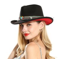 Fashion New Unisex Men Women Black Red Patchwork Cowboy Felt Hat Larger Brim Panama Jazz Fedora Hats With National Style Ribbon