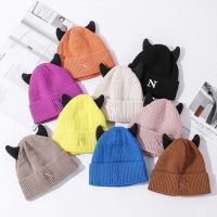 Cute Cow Horns Wool Hat Letter N Knitted Hat Ear Protect Warm Autumn Winter for Boy Girl Xmas Halloween New Year Party