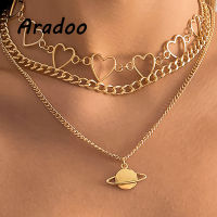 ARADOO Planet Series Stacked Punk Hollow Heart-shaped Chain Necklace Set All-match Planet Pendant Necklace Women