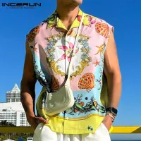 INCERUN Mens Sleeveless Hawaiian Floral Vests Shirts Casual Holiday Button Down Tank Tops (Western Style)