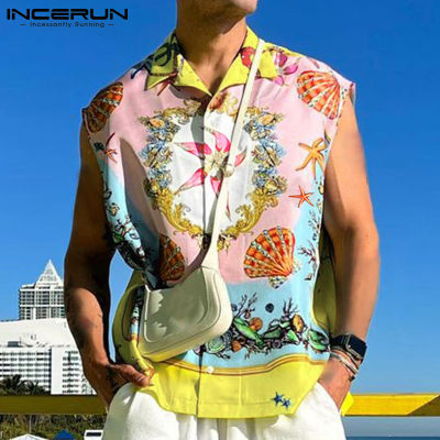 INCERUN เสื้อฮาวายแขนกุดสำหรับผู้ชาย,เสื้อแขนกุดมีกระดุมผ่าหน้าเสื้อสไตล์ตะวันตกสำหรับใส่วันหยุด