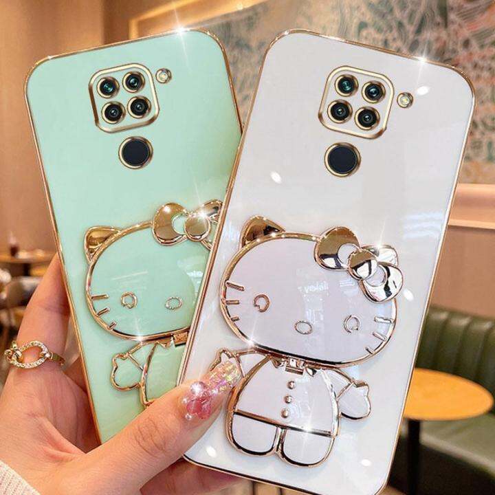 folding-makeup-mirror-phone-case-for-xiaomi-redmi-note-9-4g-case-fashion-cartoon-cute-cat-multifunctional-bracket-plating-tpu-soft-cover-casing