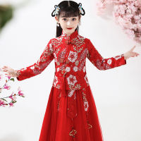 【CW】Autumn And Winter Girls Hanfu Long Sleeves Embroidered Dress Red New Years Dress Party Dress Wedding Flower Childrens Wear