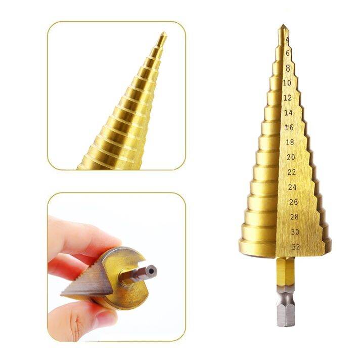 hss-step-drill-bit-sets-straight-groove-titanium-coated-cone-hole-cutter-with-automatic-center-punch-for-metal-wood-tool