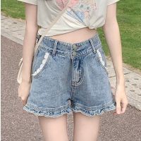 กางเกงขาสั้น Summer Sweet Desire Lotus Leaf Lace Loose Student High Waist Denim Shorts Pure Desire Straight-Leg Pants Women