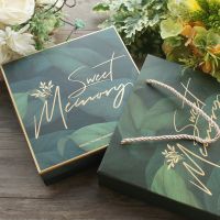 18.5*18.5*6cm 3set Deep Green Leaves gold Sweet Memory Design Paper Bag As Baby Shower Birthday Wedding Gift Packaging Use