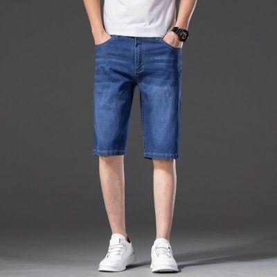 กางเกงขาสั้นผ้ายีนส์ผ้ายืดบางสำหรับผู้ชายสำหรับฤดูร้อนแบรนด์2023กางเกงยีนส์กางเกงยีนส์สีดำสีฟ้า42 44 46ขนาดพิเศษ