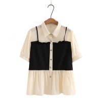 【มีไซส์ใหญ่】Plus Size XL-4XL Womens Short Sleeve False Two Pieces Summer Blouses Ladies Office-wear Button Up Female Tops