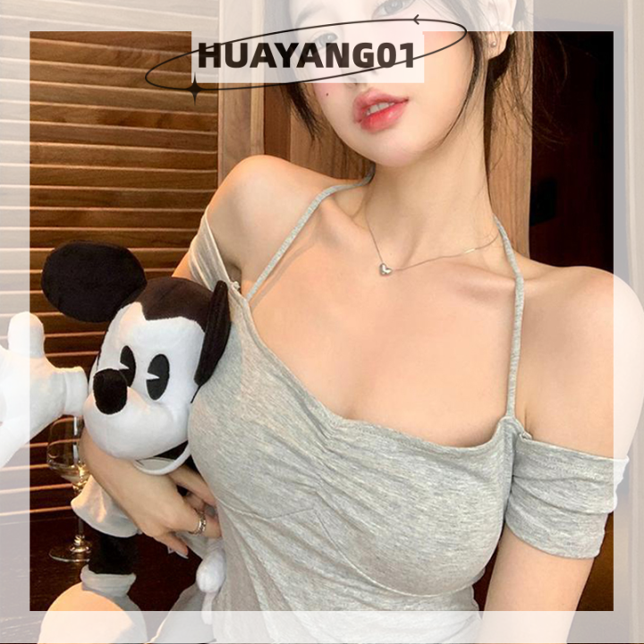 huayang01-2023แฟชั่นสุดฮอตสำหรับผู้หญิง-เสื้อยืดแขนสั้นสุดเซ็กซี่เสื้อคล้องคอปิดไหล่เสื้อครอปทรงสลิมสีทึบ