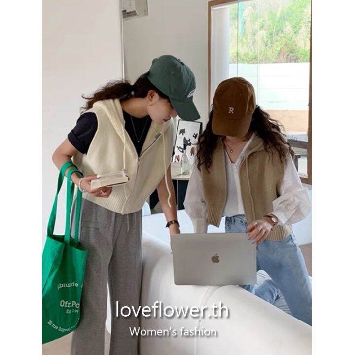 love-flower-เสื้อแขนกุด-คอวี-มีฮู้ด-สไตล์เกาหลี-สําหรับผู้หญิง-เสื้อกล้าม-สายเดี่ยว