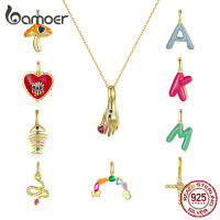 BAMOER 925เงินสเตอร์ลิงคริสตัลรุ้งเคลือบหัวใจสีแดง Eye Charm Letter Snake Fishbone Charm จี้สำหรับสร้อยคอผู้หญิง DIY SCN467