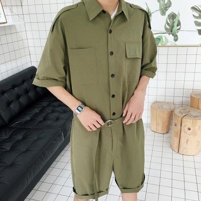 ‘；’ Summer Fashion Men Cargo Overalls Punk Style Pockets Pants Loose Solid Color Short Sleeve Rompers Men Jumpsuit Streetwear 2022